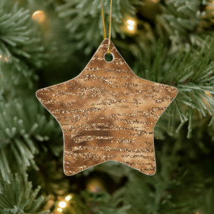 Gold Brown Glitter Stripes Ceramic Ornament