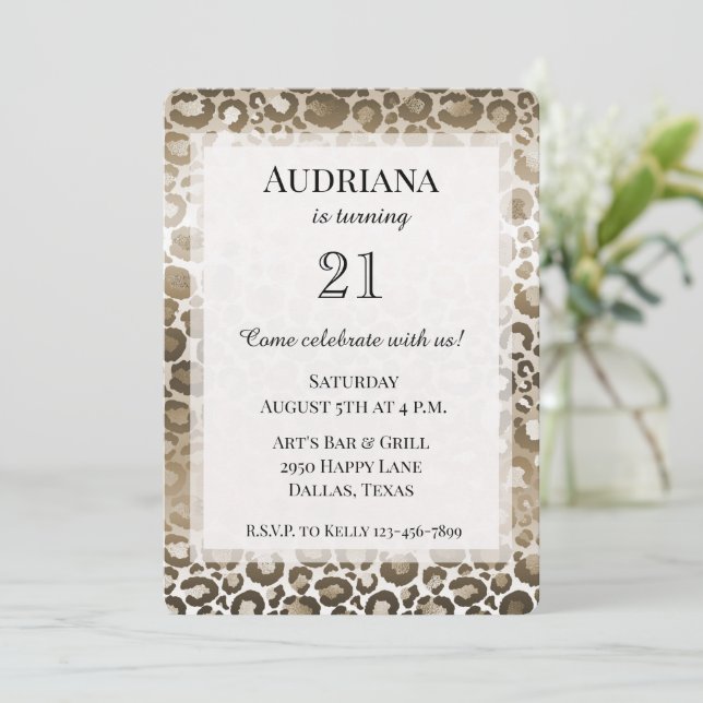 Gold Brown Leopard Animal Print Birthday Invitation (Standing Front)
