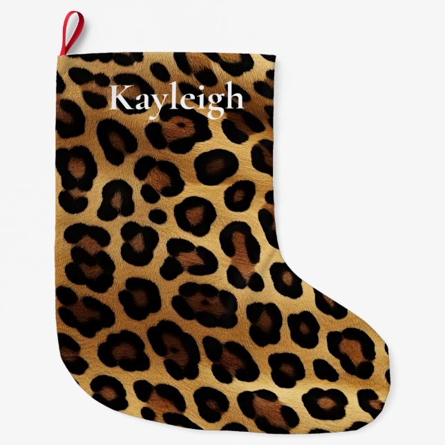 Gold Brown Leopard Animal print Large Christmas Stocking (Front)