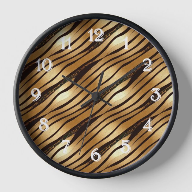 Gold Brown Leopard Animal Print Stripes Clock (Front)