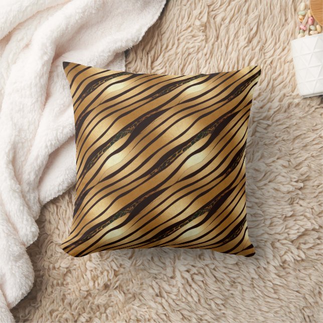 Gold Brown Leopard Print Stripes Cushion (Blanket)