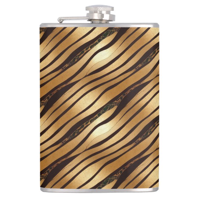 Gold Brown Leopard Print Stripes Hip Flask (Front)