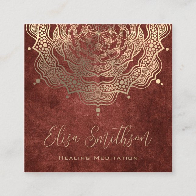 Gold Brown Mandala Yoga Healing Meditation Natural Square Business Card (Front)