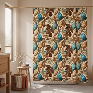 Gold Brown Turquoise Cacao Botanical Pattern Shower Curtain