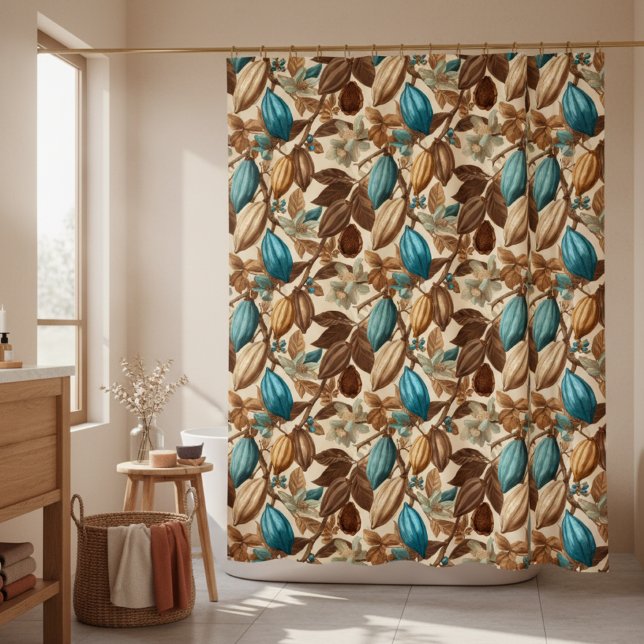 Gold Brown Turquoise Cacao Botanical Pattern Shower Curtain (Creator Uploaded)