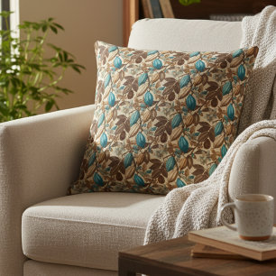 Gold Brown Turquoise Cacao Pattern Cushion