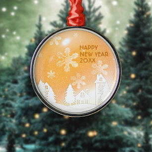 Gold Brown White Snow House Happy New Year  Metal Ornament