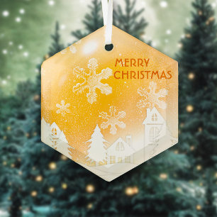 Gold Brown White Snow House Merry Christmas Glass  Tree Decoration