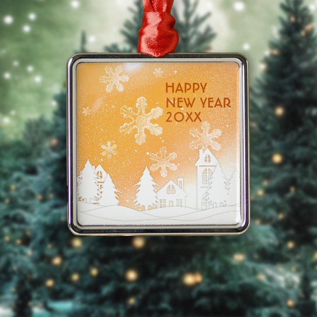 Gold Brown Winter Wonderland Happy New Year Metal Ornament (Creator Uploaded)
