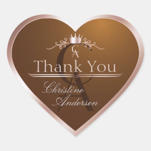 Gold Brown with Rose Gold Frame Monogram Thank You Heart Sticker