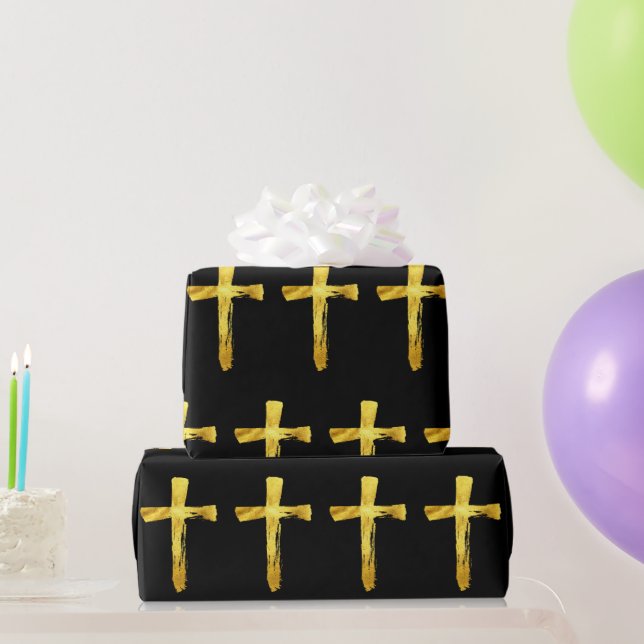 Gold Brush Cross - Christian Religious Crucifix Wrapping Paper (Party Gifts)