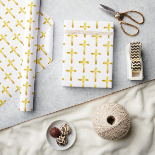 Gold Brush Cross - Christian Religious Crucifix Wrapping Paper