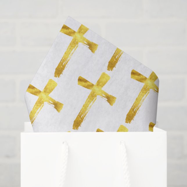 Gold Brush Cross - Modern Christian Crucifix Tissue Paper (Gift Bag)