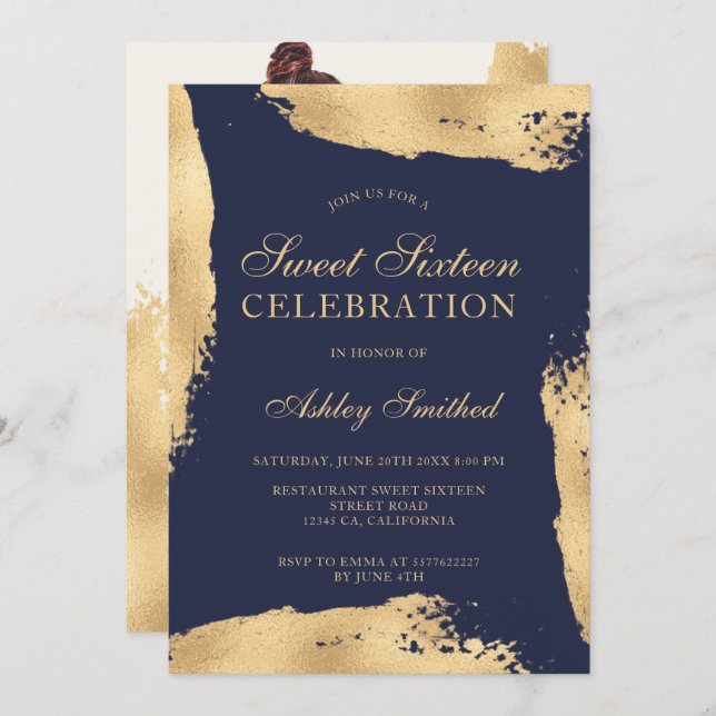 Gold brush metallic foil navy photo sweet sixteen invitation (Front/Back)