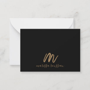 Gold Brush Painted Monogram Script Name Black Card