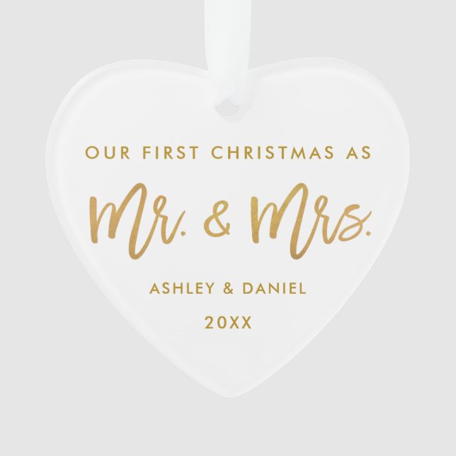 Gold Brush Script First Christmas | Photo Back Ornament (Front)