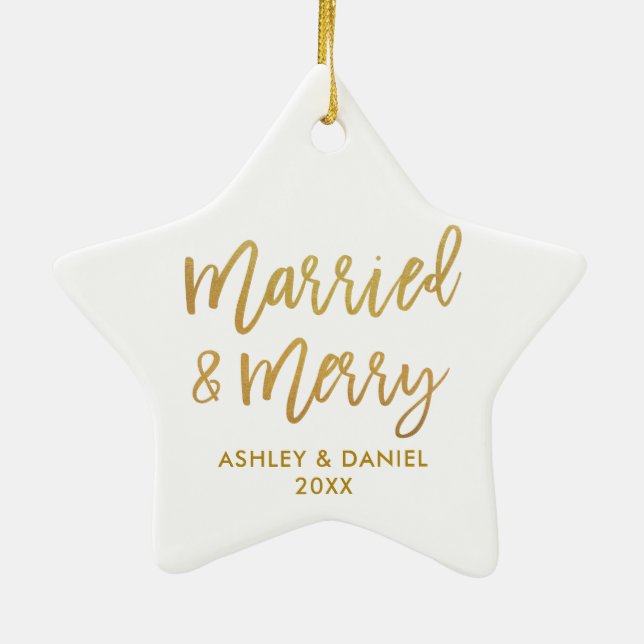 Gold Brush Script Married & Merry Wedding Star Ceramic Ornament (Back)