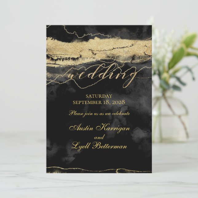Gold Brush Strokes On Black Velvet Modern Wedding Invitation (Standing Front)