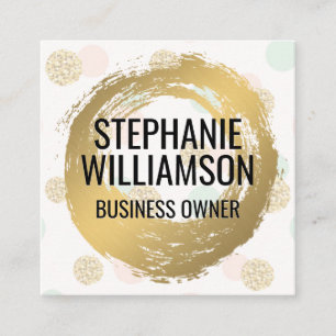 Gold Brushed   Chic Glitter Polka Dot Pattern Square Business Card