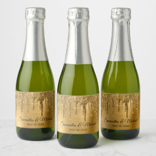 Gold Brushed Foil Faux Glitter Drip Wedding Sparkling Wine Label