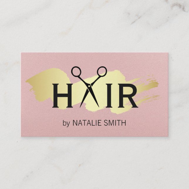 Gold Brushed Hair Logo | Pink Texture Business Card (Front)