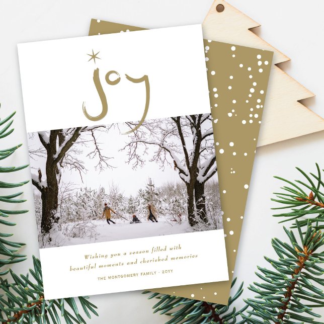 Gold Brushed Joy Calligraphy Star Christmas Photo Holiday Card (Creator Uploaded)