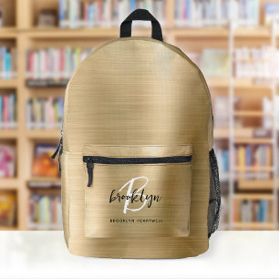 Gold Brushed Metal Black White Monogram Name Printed Backpack