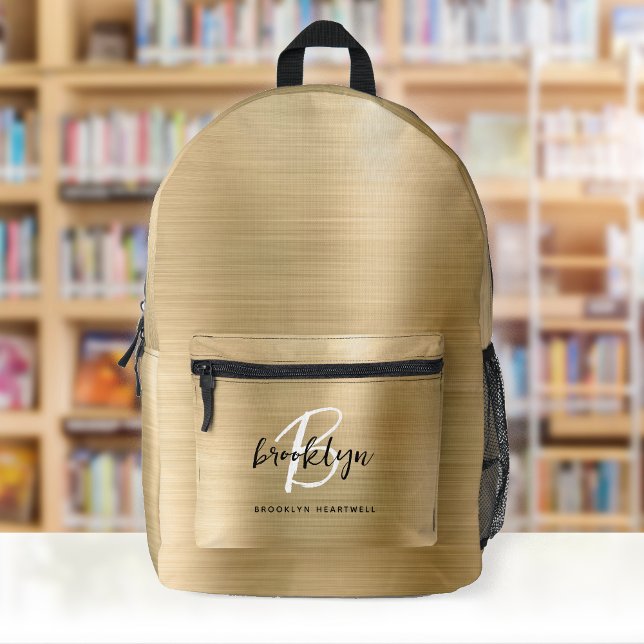 Gold Brushed Metal Black White Monogram Name Printed Backpack (Creator Uploaded)