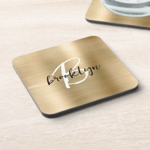 Gold Brushed Metal Black White Script Monogram  Coaster