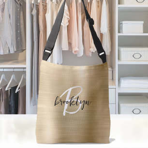 Gold Brushed Metal Black White Script Monogram Crossbody Bag