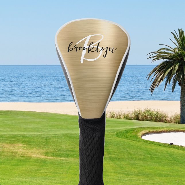 Gold Brushed Metal Black White Script Monogram  Golf Head Cover (Creator Uploaded)