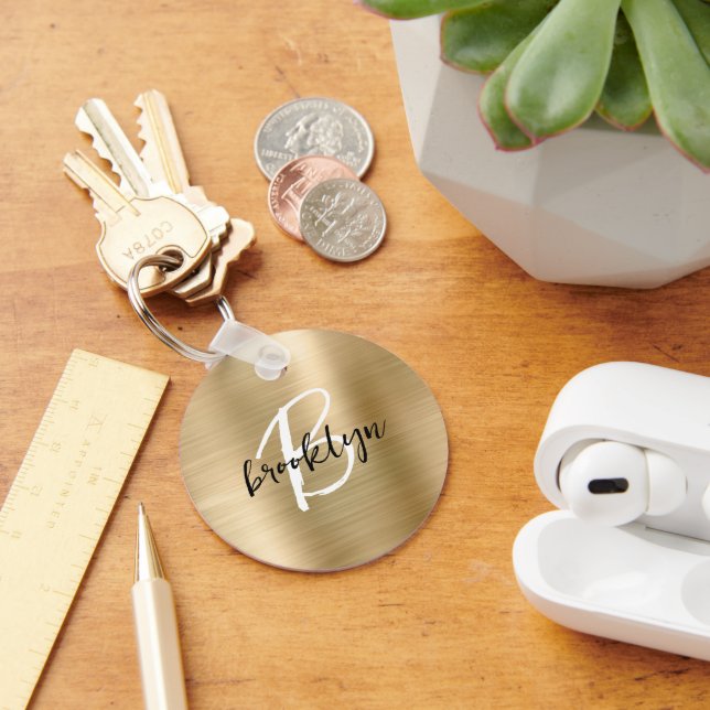 Gold Brushed Metal Black White Script Monogram  Key Ring (Desk)