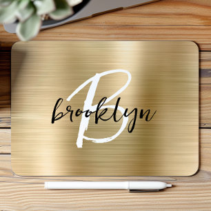 Gold Brushed Metal Black White Script Monogram  Mouse Pad