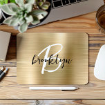 Gold Brushed Metal Black White Script Monogram  Mouse Pad<br><div class="desc">This elegant personalised mouse pad features a monogram and first name in modern black and white script on a glam gold brushed metal background.</div>