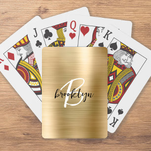 Gold Brushed Metal Black White Script Monogram Playing Cards