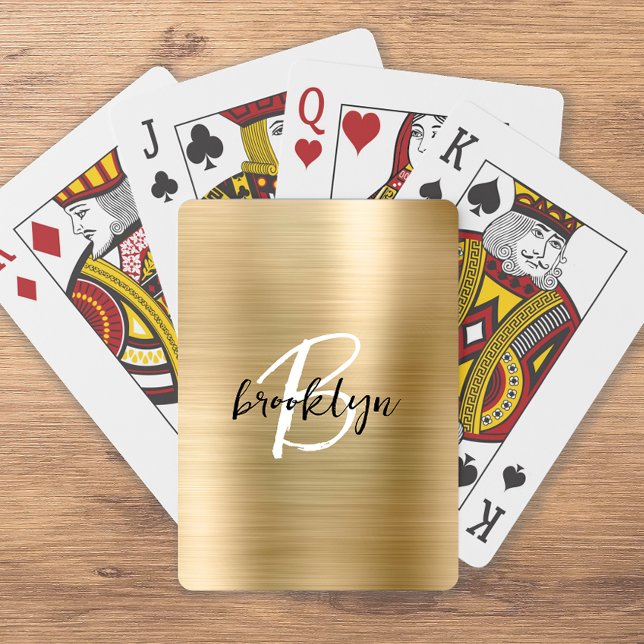 Gold Brushed Metal Black White Script Monogram  Playing Cards (Creator Uploaded)