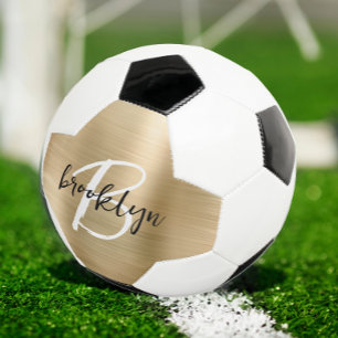 Gold Brushed Metal Black White Script Monogram  Soccer Ball
