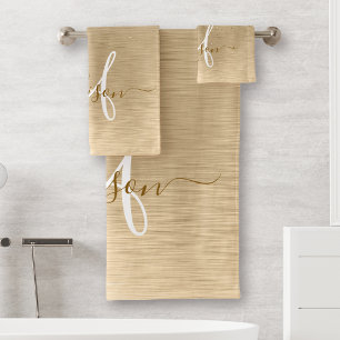  Gold Brushed Metal Glitter Monogram Name Bath Towel Set