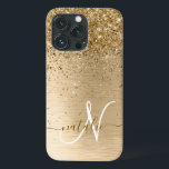 Gold Brushed Metal Glitter Monogram Name iPhone 13 Pro Case<br><div class="desc">Easily personalise this trendy chic phone case design featuring pretty gold sparkling glitter on a gold brushed metallic background.</div>