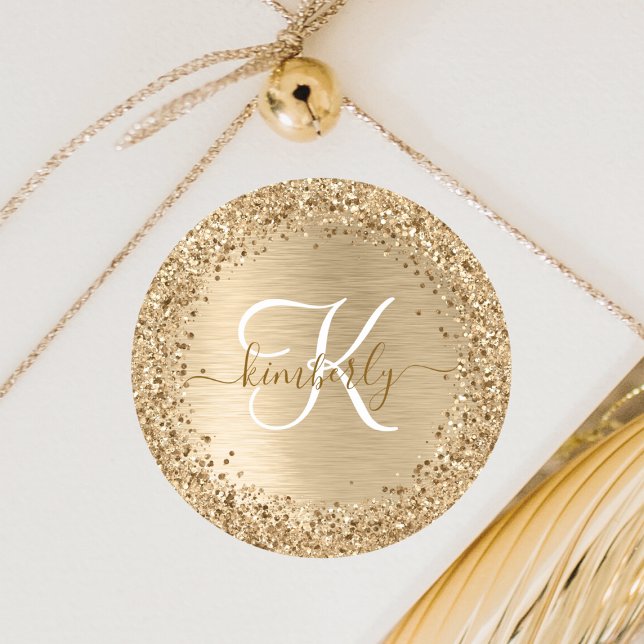Gold Brushed Metal Glitter Monogram Name Classic Round Sticker (Creator Uploaded)