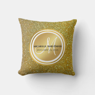 Gold Brushed Metal Glitter Monogram Name  Cushion