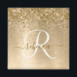 Gold Brushed Metal Glitter Monogram Name Magnet<br><div class="desc">Easily personalize this trendy chic magnet design featuring pretty gold sparkling glitter on a gold brushed metallic background.</div>