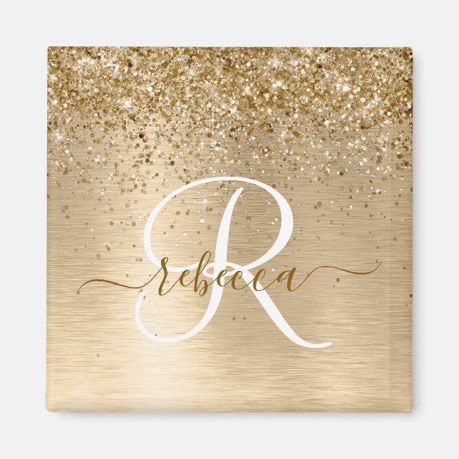 Gold Brushed Metal Glitter Monogram Name Magnet (Front)