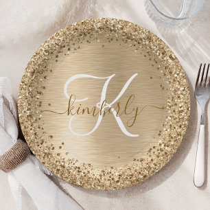 Gold Brushed Metal Glitter Monogram Name Paper Plate