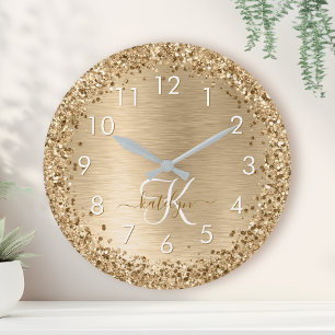 Gold Brushed Metal Glitter Monogram Name Round Clock
