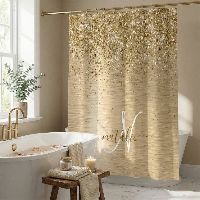 Gold Brushed Metal Glitter Monogram Name Shower Curtain (Creator Uploaded)