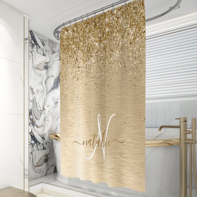 Gold Brushed Metal Glitter Monogram Name Shower Curtain (Creator Uploaded)