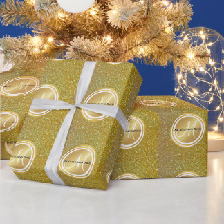 Gold Brushed Metal Glitter Monogram Name  Wrapping Paper