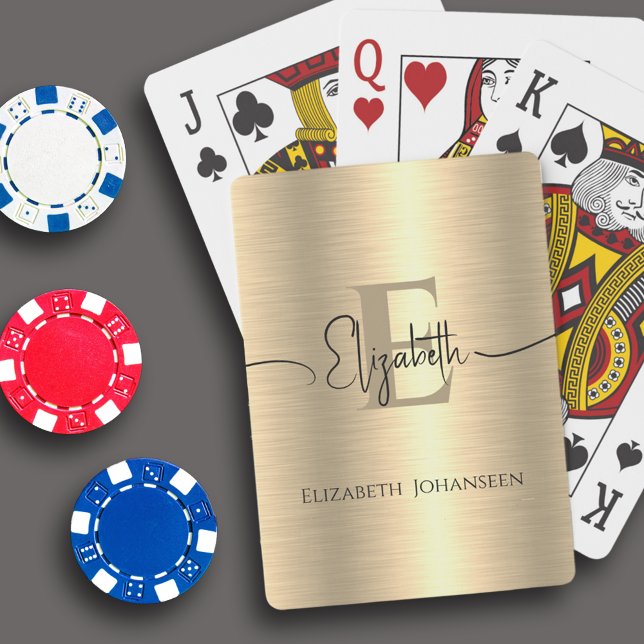 Gold Brushed Metal Monogram Black Script Name Glam Playing Cards (Creator Uploaded)