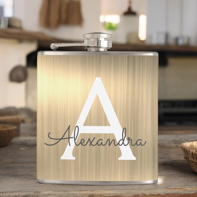 Gold Brushed Metal Monogram Name and Initial Hip Flask (Creator Uploaded)